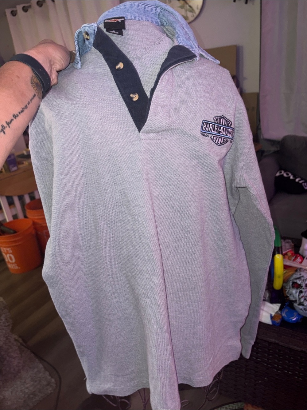 Harley-Davidson Gray Long Sleeve Rugby Shirt with Black Placket